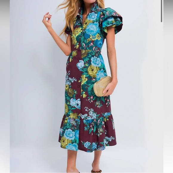 Floral Midi Dress with Ruffle Sleeves - Burgundy Floral NWT - Picture 2 of 5